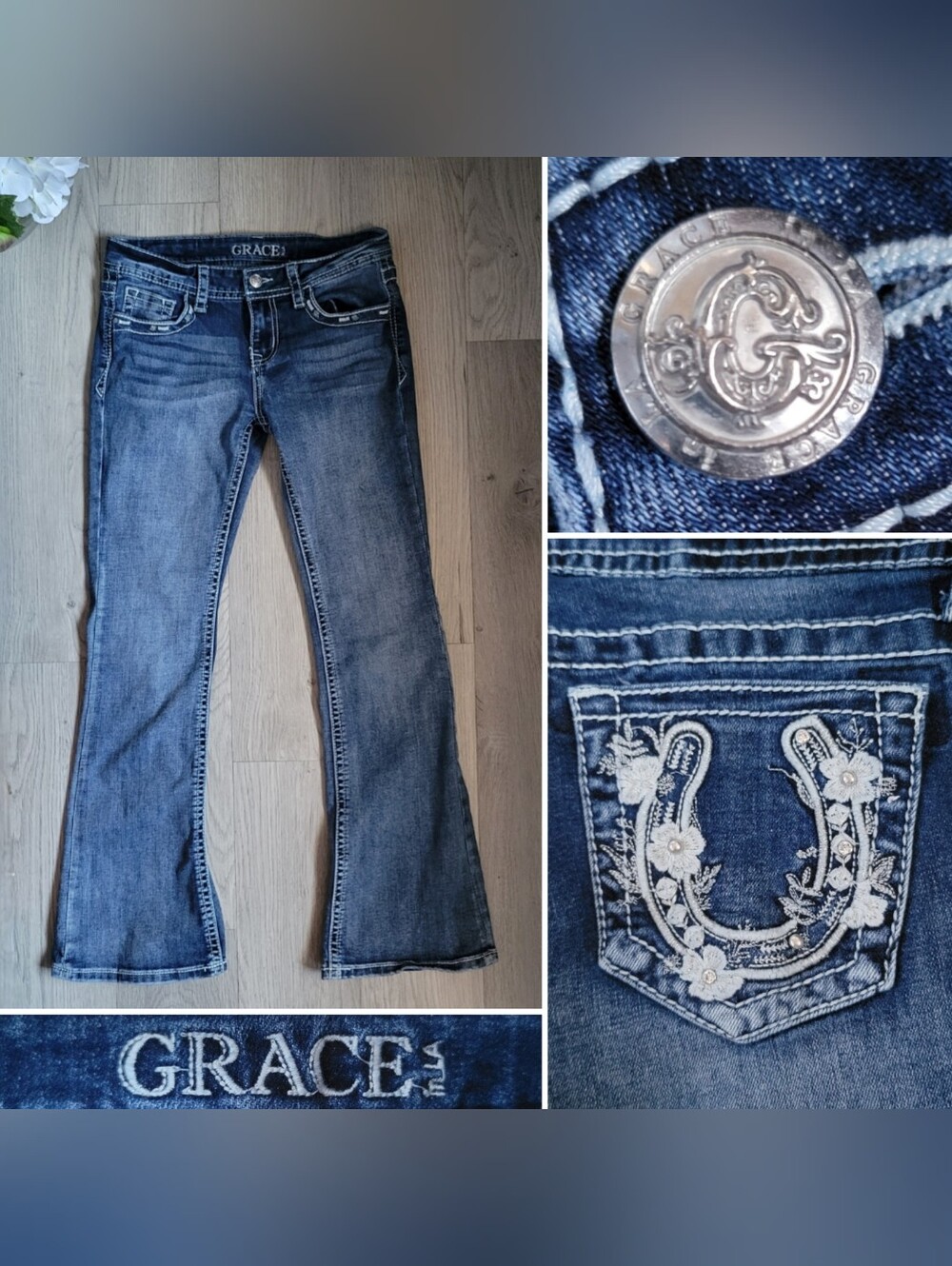 Grace in LA Horseshoe Floral Modify Boot Cut Denim Jeans, Girl's 16 / Woman's 4
